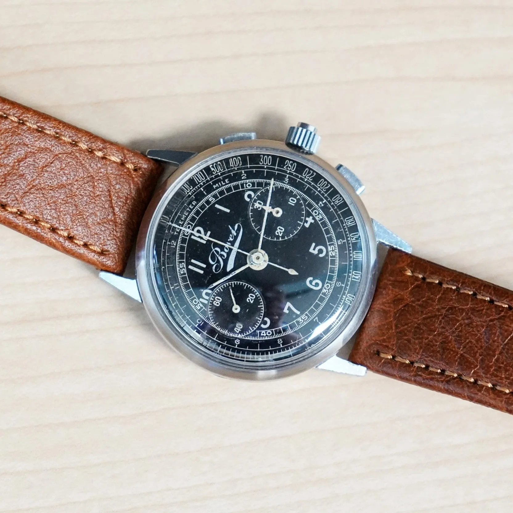 1940s WWII BOVET Three Button Chronograph Watch Black Dial Vintage Wristwatch