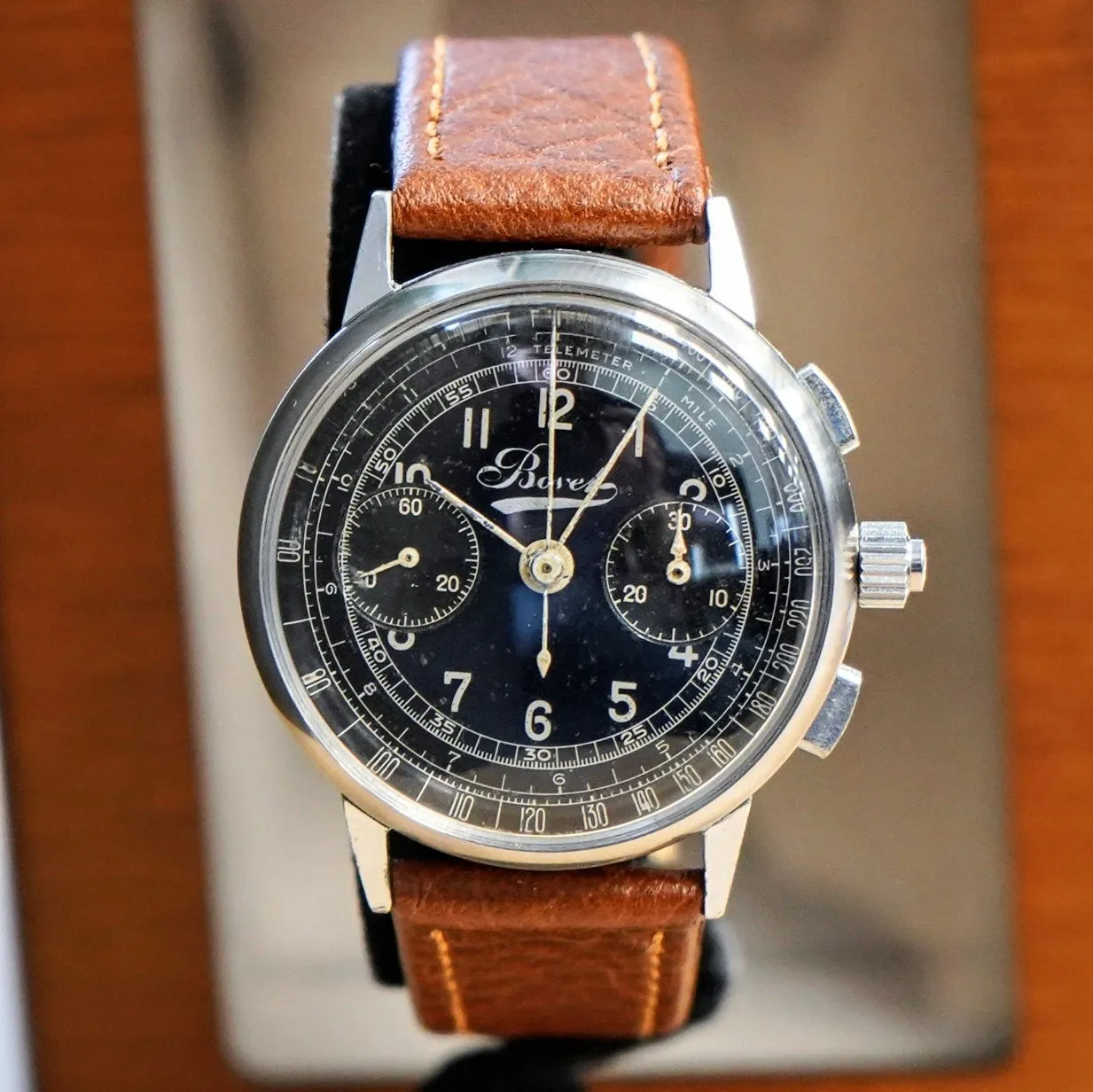 1940s WWII BOVET Three Button Chronograph Watch Black Dial Vintage Wristwatch
