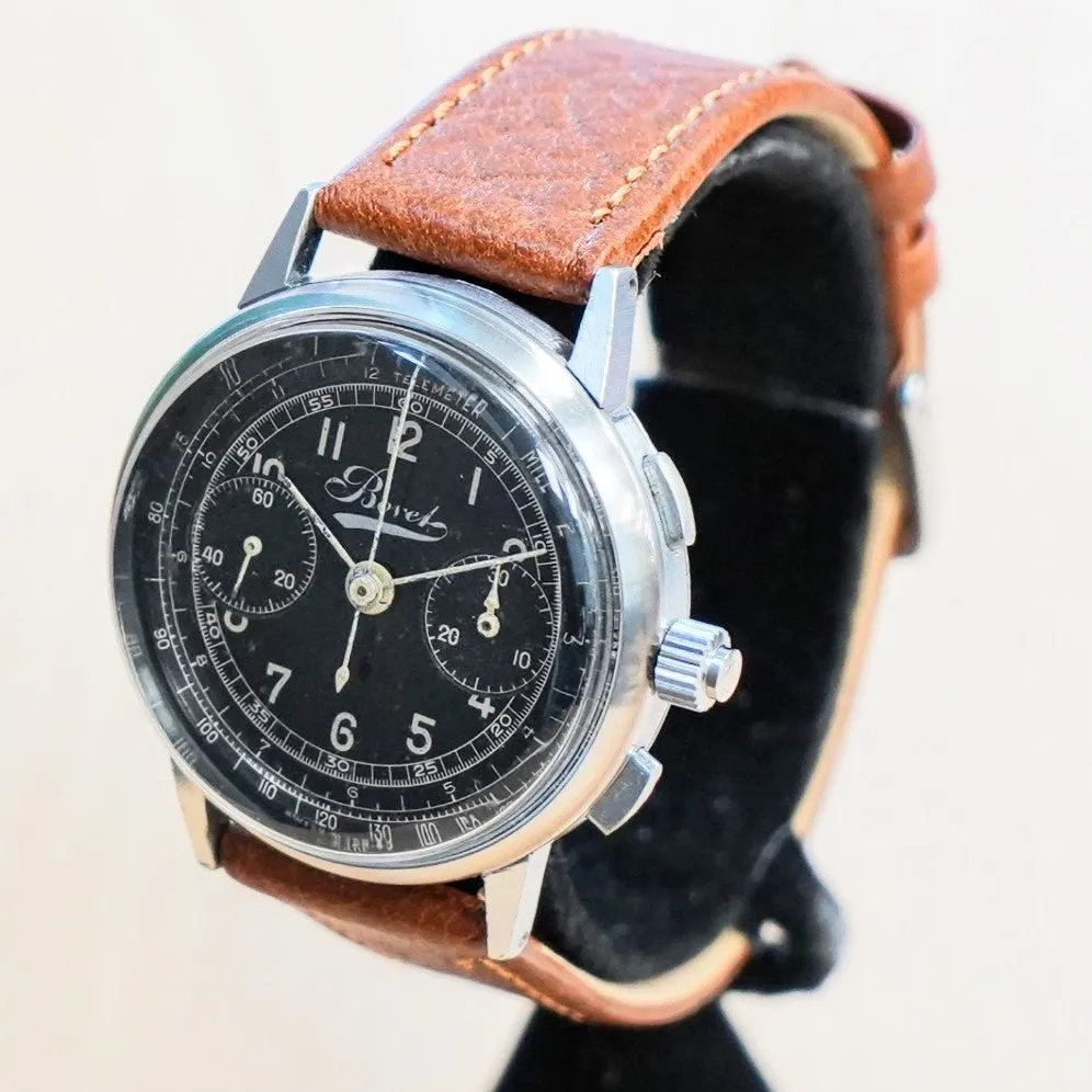 1940s WWII BOVET Three Button Chronograph Watch Black Dial Vintage Wristwatch