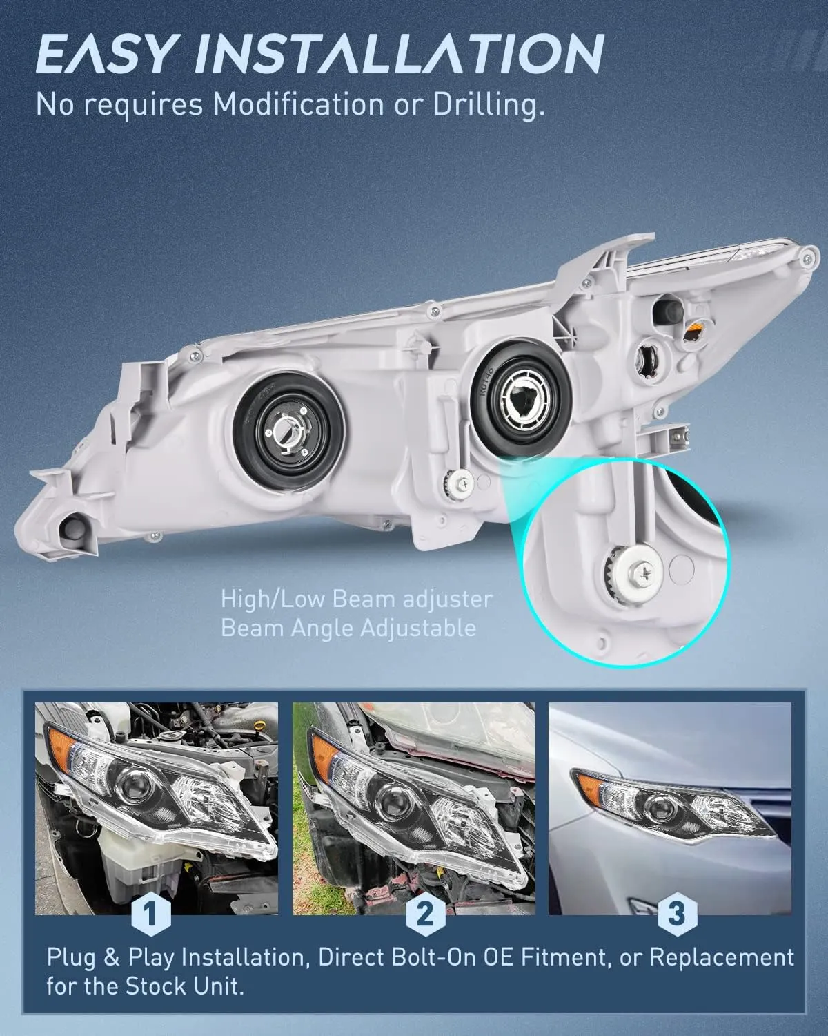 2012-2014 Toyota Camry L/LE/XLE/Hybrid LE XLE Headlight Assembly Black Housing Amber Reflector