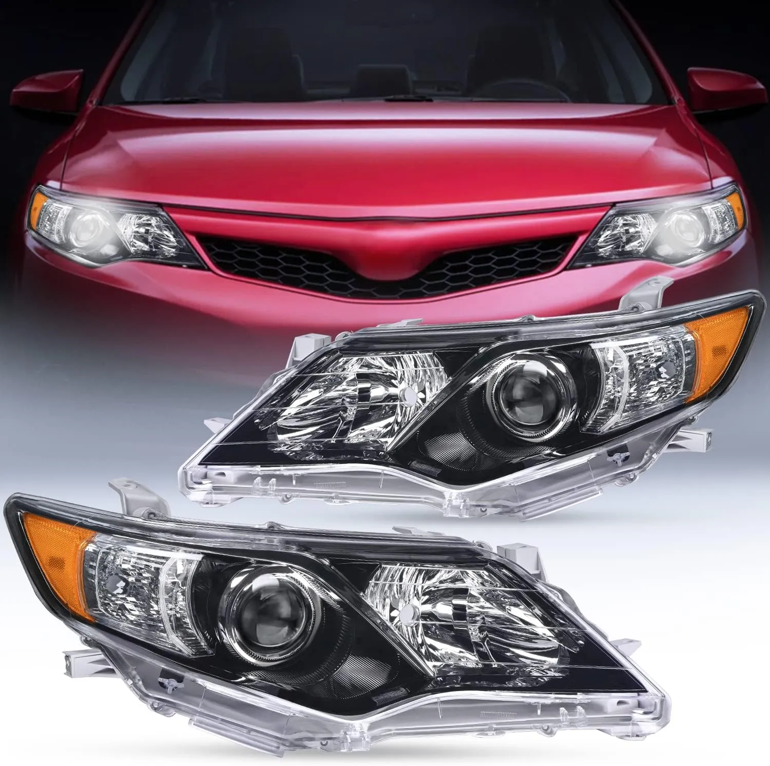 2012-2014 Toyota Camry L/LE/XLE/Hybrid LE XLE Headlight Assembly Black Housing Amber Reflector