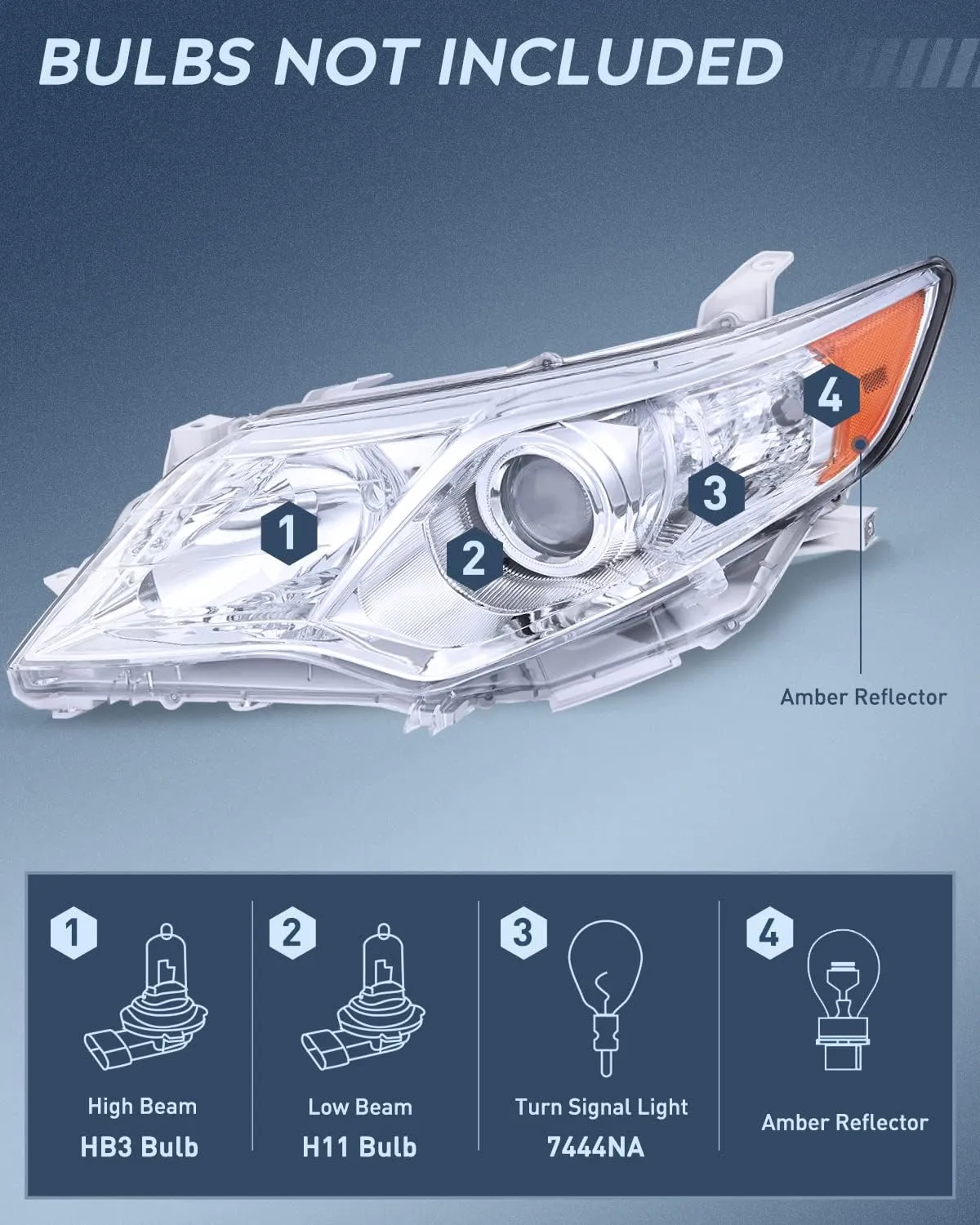 2012-2014 Toyota Camry L/LE/XLE/Hybrid LE XLE Headlight Assembly Chrome Housing Amber Reflector Clear Lens