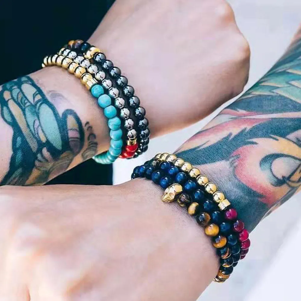 3 Pcs 6mm Punk Ethnic Style Skull Skeleton Pendant Bead Copper Colorful Bracelet Set
