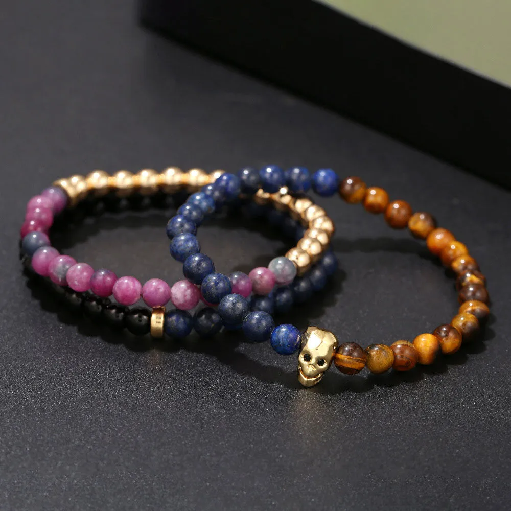 3 Pcs 6mm Punk Ethnic Style Skull Skeleton Pendant Bead Copper Colorful Bracelet Set
