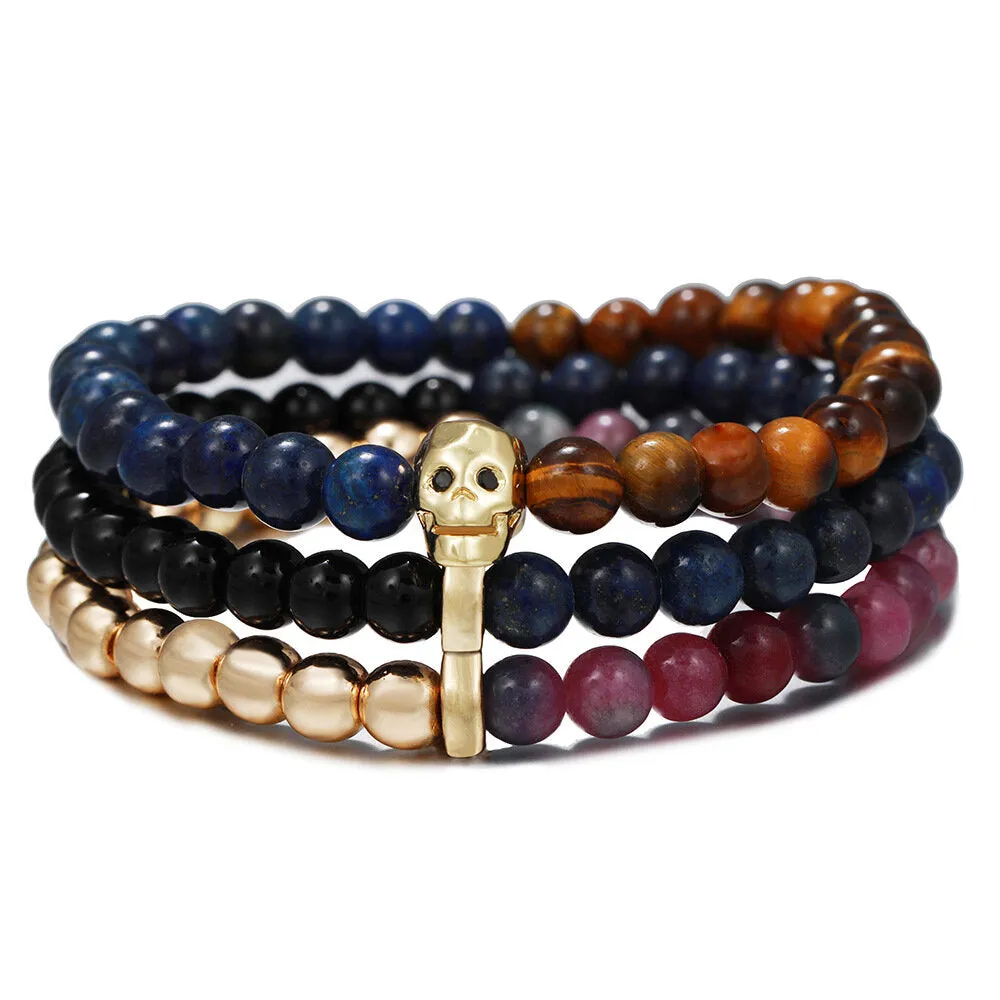 3 Pcs 6mm Punk Ethnic Style Skull Skeleton Pendant Bead Copper Colorful Bracelet Set