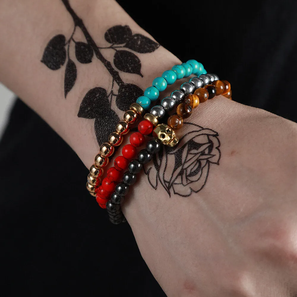 3 Pcs 6mm Punk Ethnic Style Skull Skeleton Pendant Bead Copper Colorful Bracelet Set