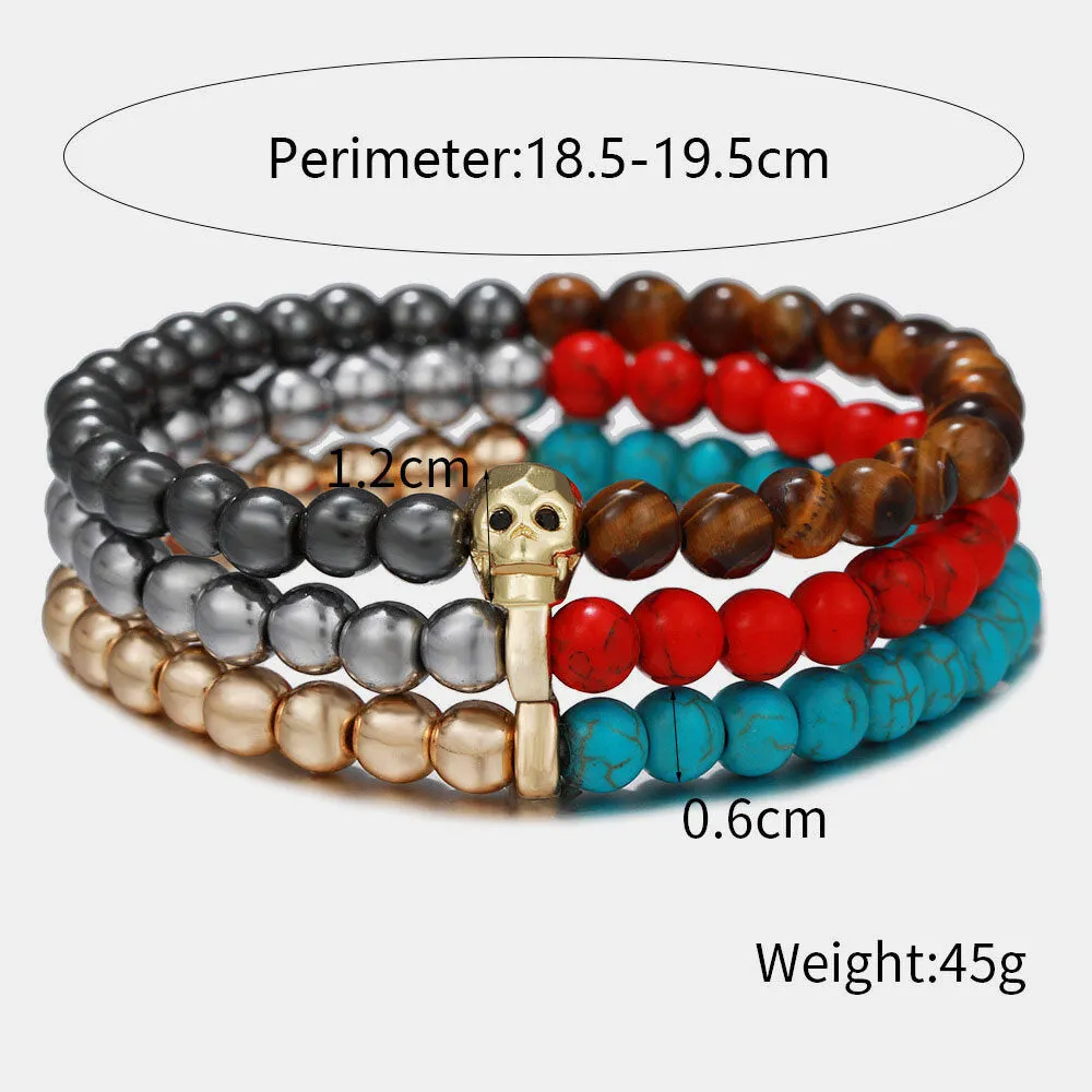 3 Pcs 6mm Punk Ethnic Style Skull Skeleton Pendant Bead Copper Colorful Bracelet Set
