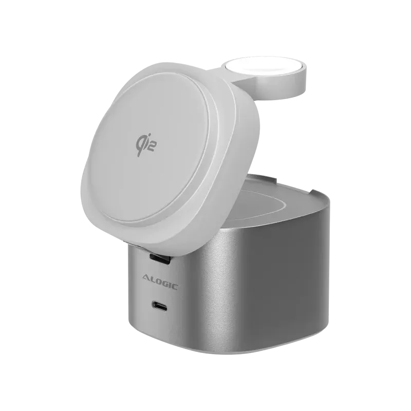 Alogic - Qi2 Charging Stand 4-in-1 PowerPod Phone (15W) & Watch (3W) AirPods (5W)   USB-C (30W) with 3ft USB-C to USB-C Cable - Black