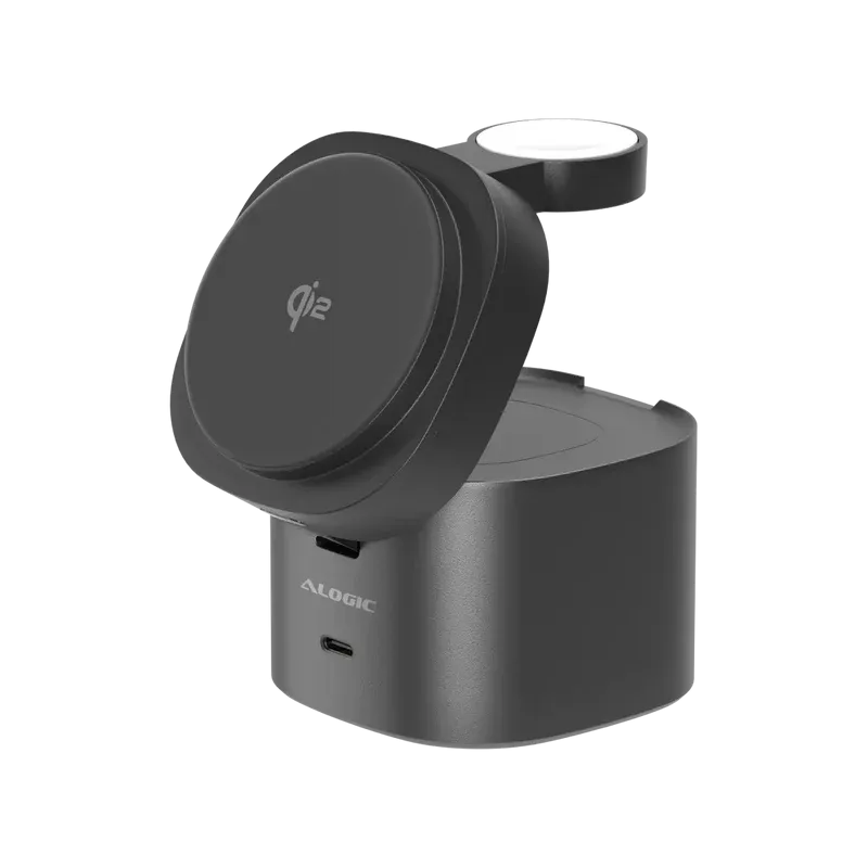 Alogic - Qi2 Charging Stand 4-in-1 PowerPod Phone (15W) & Watch (3W) AirPods (5W)   USB-C (30W) with 3ft USB-C to USB-C Cable - Black