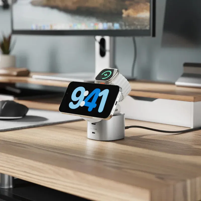 Alogic - Qi2 Charging Stand 4-in-1 PowerPod Phone (15W) & Watch (3W) AirPods (5W)   USB-C (30W) with 3ft USB-C to USB-C Cable - Black