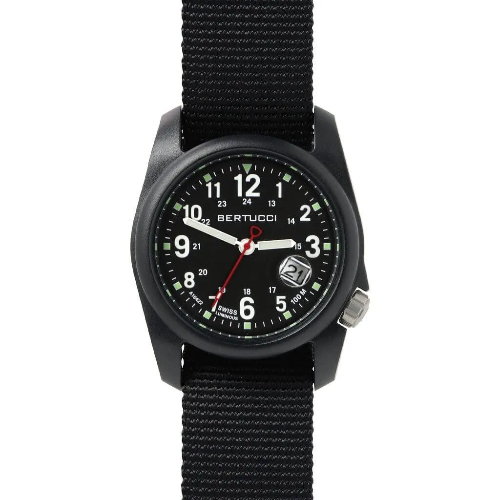 Bertucci DX3 Super Black Nylon Strap 40mm Black Polycarbonate Dial Field Watch