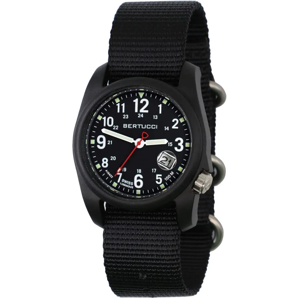 Bertucci DX3 Super Black Nylon Strap 40mm Black Polycarbonate Dial Field Watch