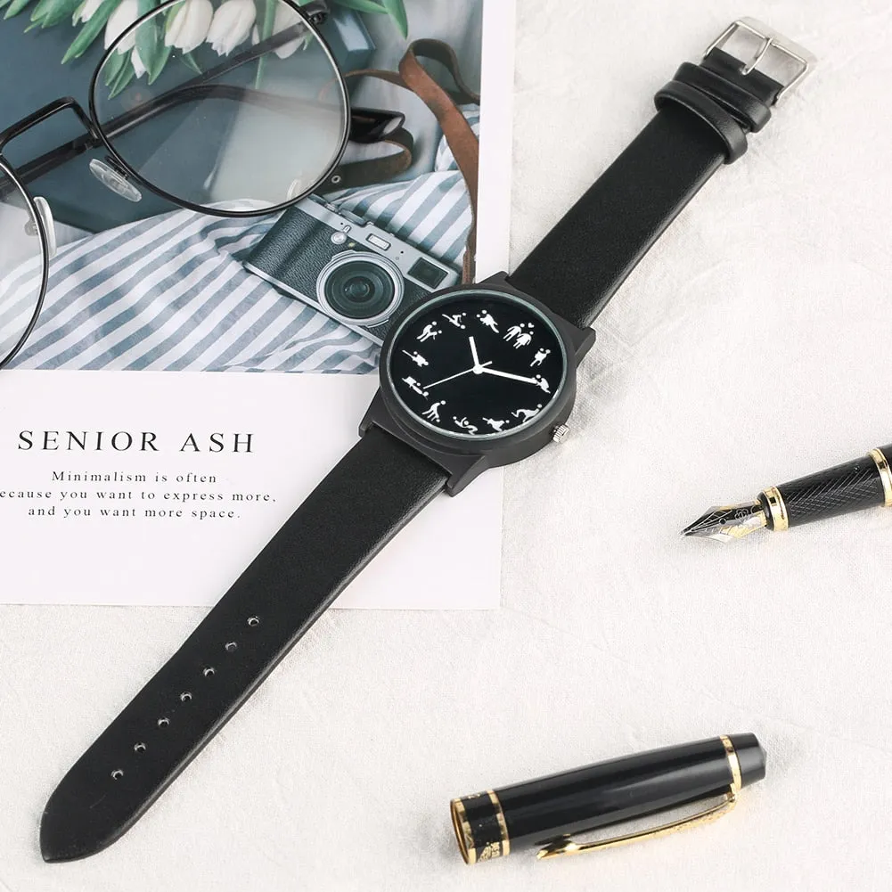 Black Dial Quartz Watches Comfortable Black Leather Strap Wristwatch for Male
