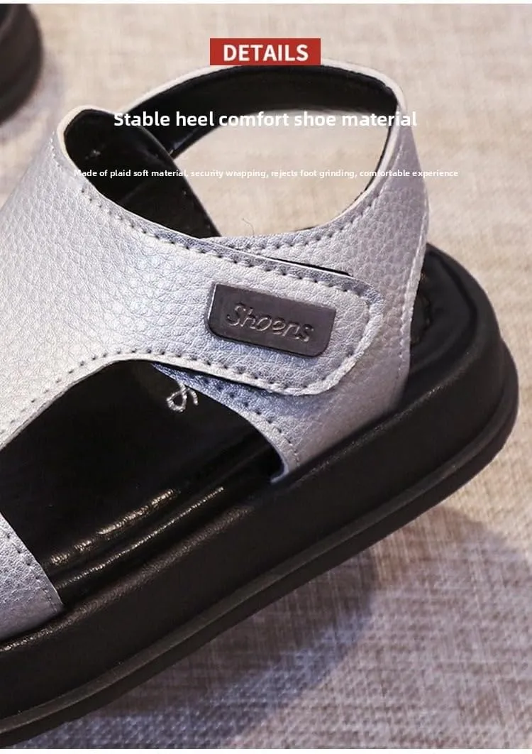 Boys' 2025 Summer Sandals with Adjustable Straps, Soft Sole Non-Slip Rubber Beach Shoes for Kids, Lightweight Casual Sneakers (White/Black/Silver)