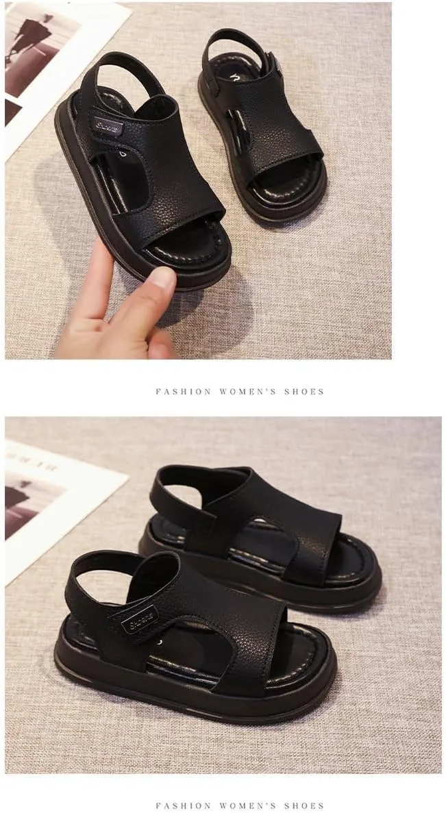 Boys' 2025 Summer Sandals with Adjustable Straps, Soft Sole Non-Slip Rubber Beach Shoes for Kids, Lightweight Casual Sneakers (White/Black/Silver)