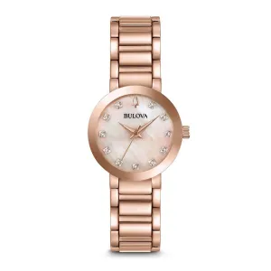 Bulova Modern Womens Gold Stainless Steel Mesh Band Mother-of-Pearl Diamond Quartz Dial Watch - 97P132