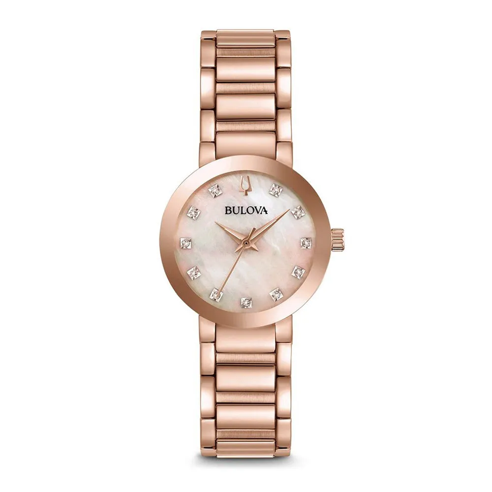 Bulova Modern Womens Gold Stainless Steel Mesh Band Mother-of-Pearl Diamond Quartz Dial Watch - 97P132