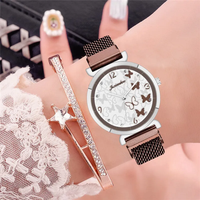 Butterfly Studded Dial with Stainless Steel Mesh Band Quartz Watches