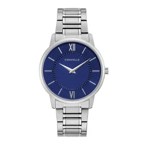 Caravelle Mens Silver Stainless Steel Bracelet Band Chronograph Blue Dial Watch - 43A151
