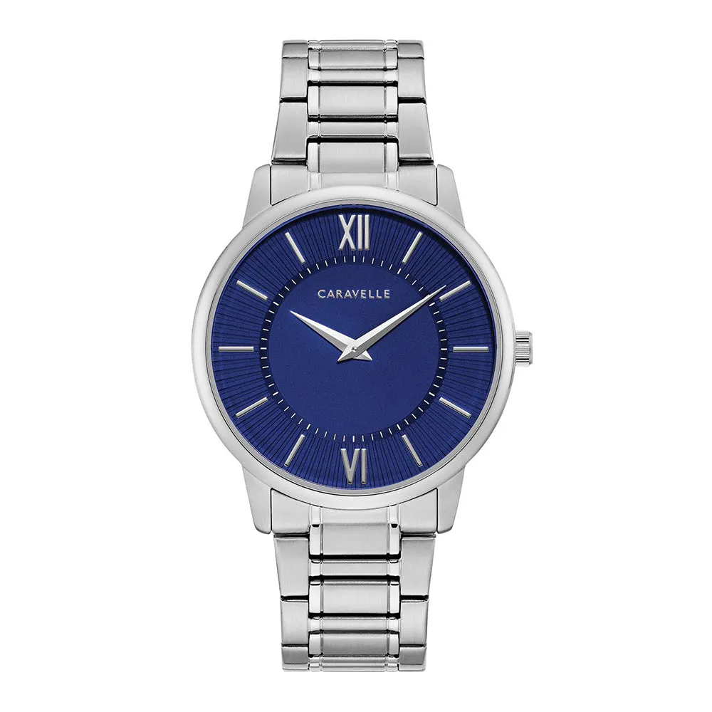 Caravelle Mens Silver Stainless Steel Bracelet Band Chronograph Blue Dial Watch - 43A151