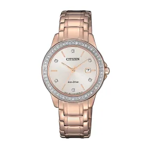 Citizen Ladies Eco Drive Swarovski Case Face Rose Gold Model FE1173-52A