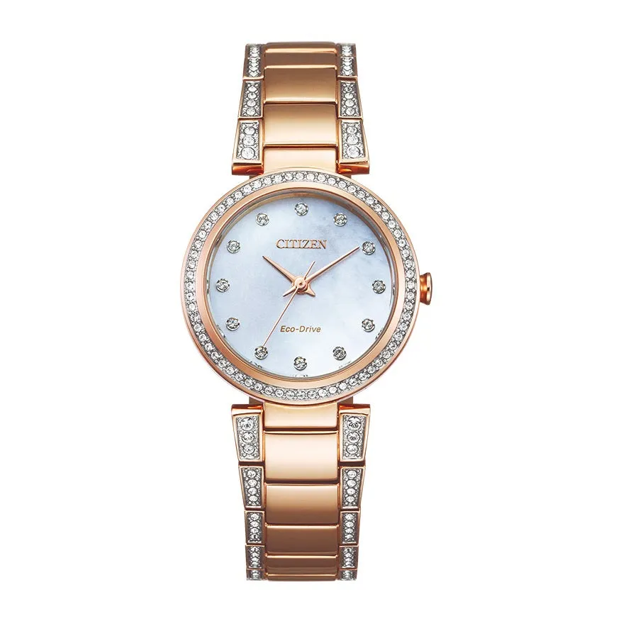 Citizen Silhouette Crystal Watch with 28MM Mother of Pearl Dial and Rosetone Bracelet. EM0843-51D
