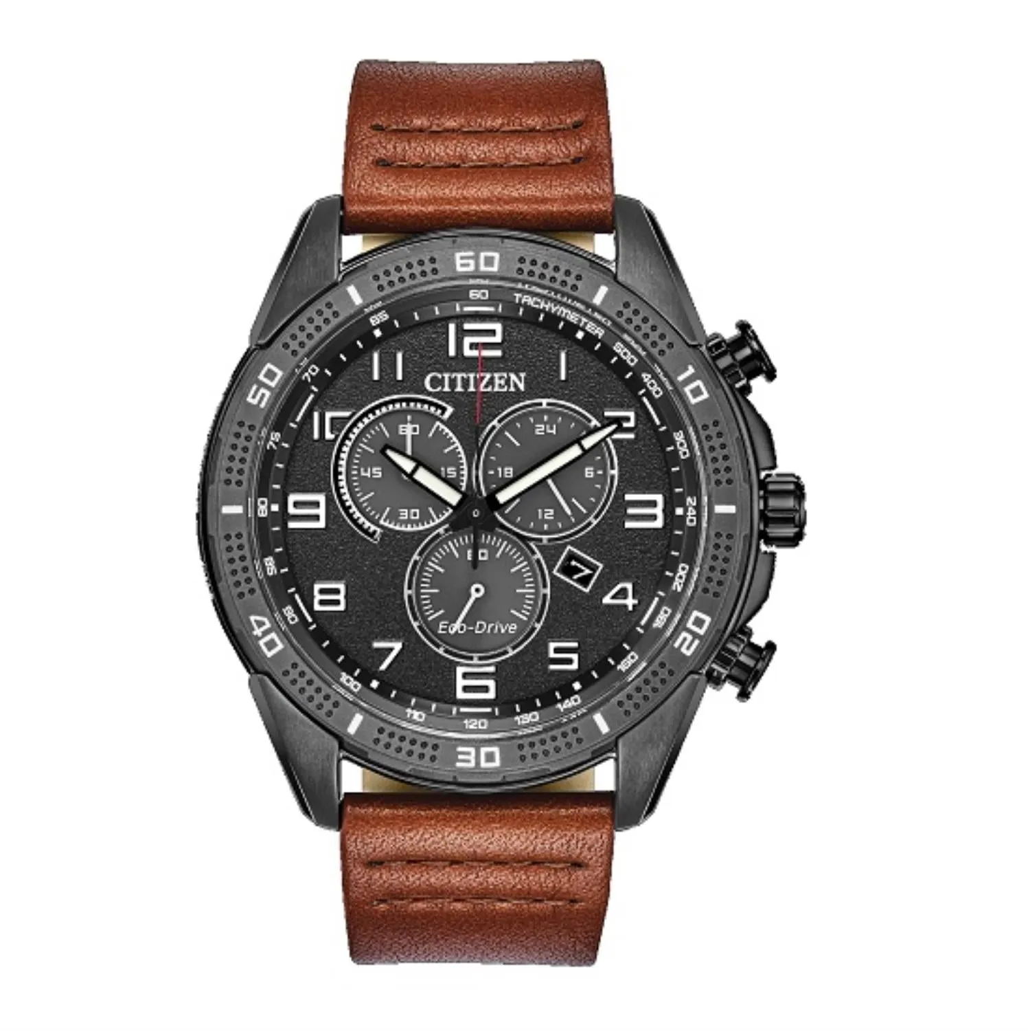 Citizen Watch with 45MM Black Round Dial and Leather Strap. AT2447-01E
