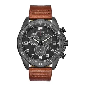 Citizen Watch with 45MM Black Round Dial and Leather Strap. AT2447-01E