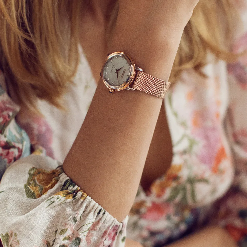 Citizen Womens Eco-Drive Mother-of-pearl Dial Analog Business Rose Gold Band Watch - EM0796-75D