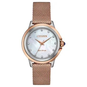 Citizen Womens Eco-Drive Mother-of-pearl Dial Analog Business Rose Gold Band Watch - EM0796-75D