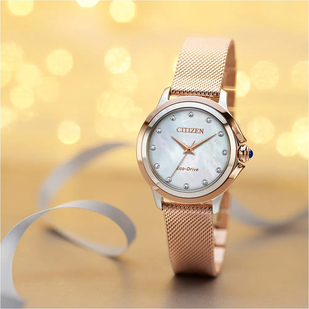 Citizen Womens Eco-Drive Mother-of-pearl Dial Analog Business Rose Gold Band Watch - EM0796-75D