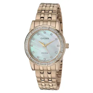 Citizen Womens Eco-Drive White Dial Rose Gold Band Silhouette Crystal Stainless Steel Watch - EM0773-54D