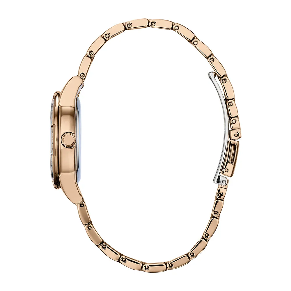 Citizen Womens Eco-Drive White Dial Rose Gold Band Silhouette Crystal Stainless Steel Watch - EM0773-54D
