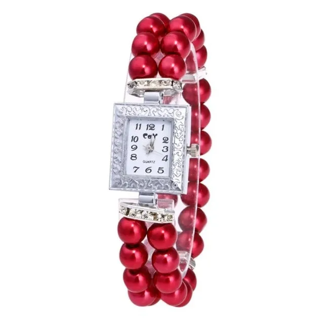 Elegant Square Dial Pearl and Diamond Bracelet Watch