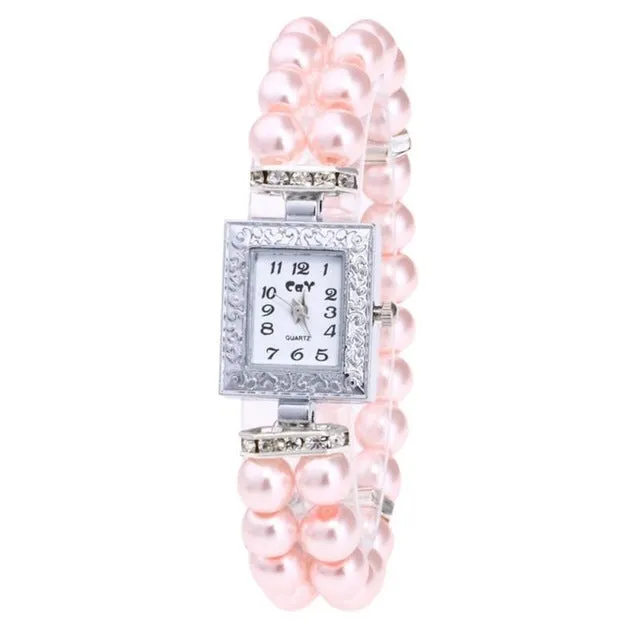Elegant Square Dial Pearl and Diamond Bracelet Watch
