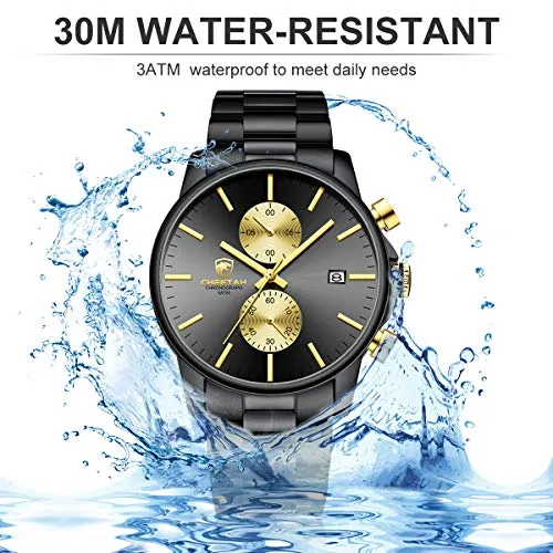 GOLDEN HOUR Men's Watches with Stainless Steel and Metal Casual Waterproof Chronograph Quartz Watch, Auto Date in Gold Hands