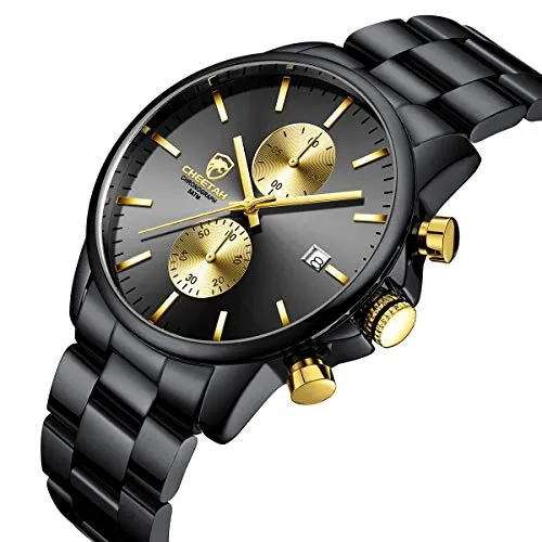 GOLDEN HOUR Men's Watches with Stainless Steel and Metal Casual Waterproof Chronograph Quartz Watch, Auto Date in Gold Hands