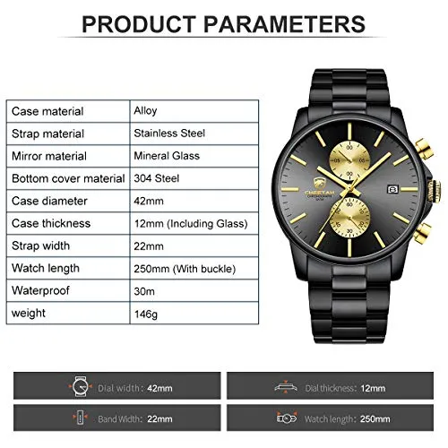 GOLDEN HOUR Men's Watches with Stainless Steel and Metal Casual Waterproof Chronograph Quartz Watch, Auto Date in Gold Hands