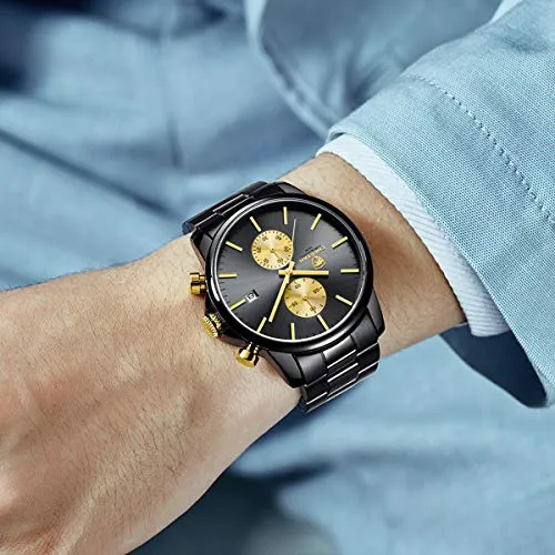 GOLDEN HOUR Men's Watches with Stainless Steel and Metal Casual Waterproof Chronograph Quartz Watch, Auto Date in Gold Hands