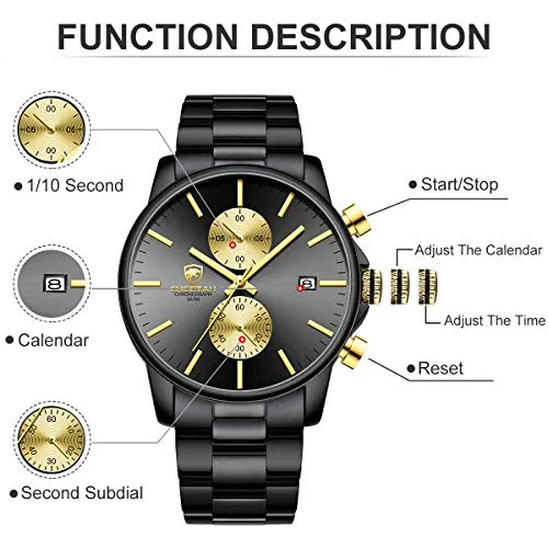 GOLDEN HOUR Men's Watches with Stainless Steel and Metal Casual Waterproof Chronograph Quartz Watch, Auto Date in Gold Hands