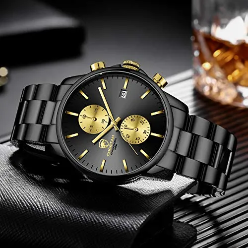 GOLDEN HOUR Men's Watches with Stainless Steel and Metal Casual Waterproof Chronograph Quartz Watch, Auto Date in Gold Hands