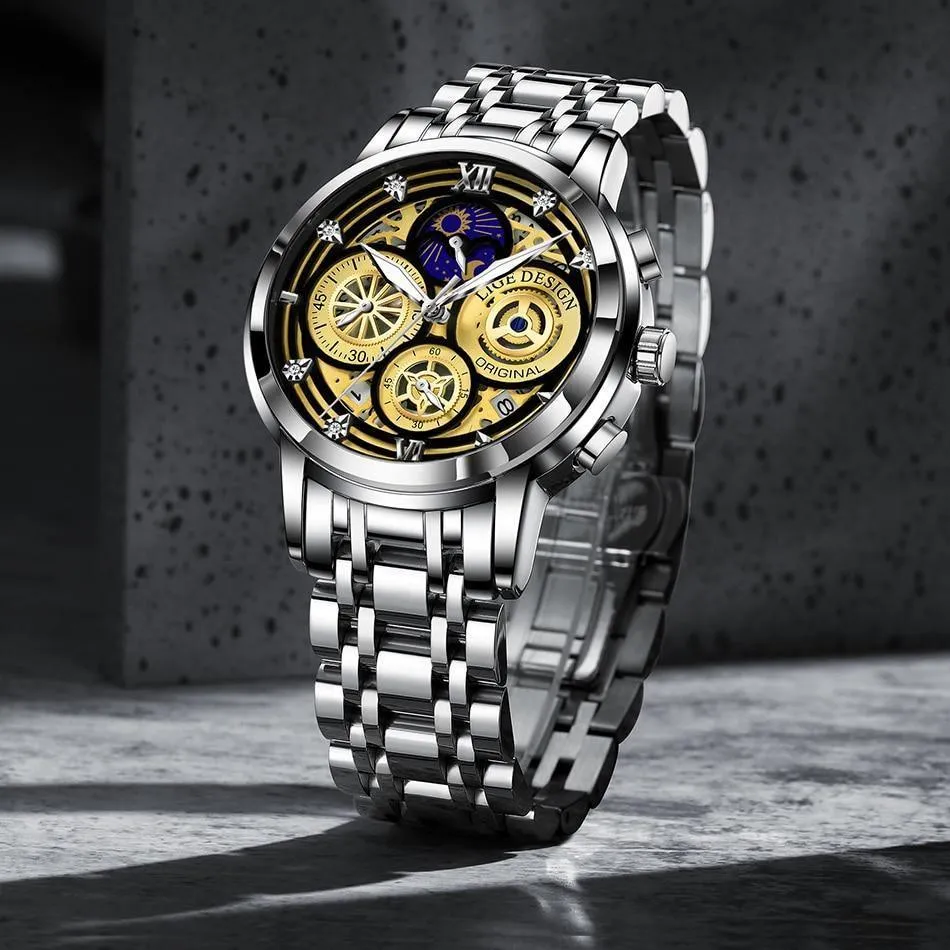 Great Gift Ideas -  Waterproof Stainless Steel Luxury Hollow Large Dial Auto Date Quartz Wristwatch