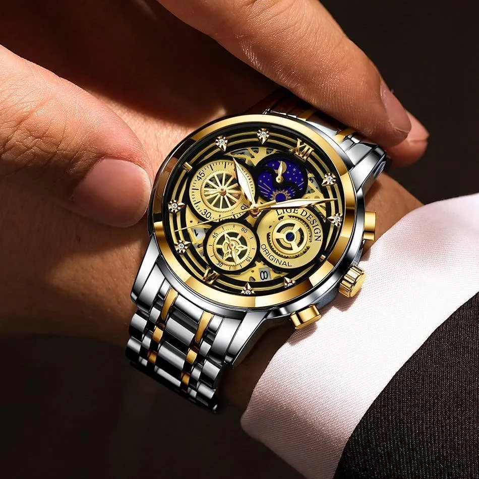 Great Gift Ideas -  Waterproof Stainless Steel Luxury Hollow Large Dial Auto Date Quartz Wristwatch