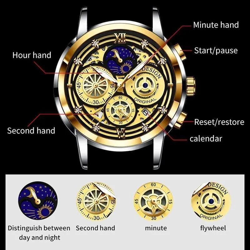 Great Gift Ideas -  Waterproof Stainless Steel Luxury Hollow Large Dial Auto Date Quartz Wristwatch