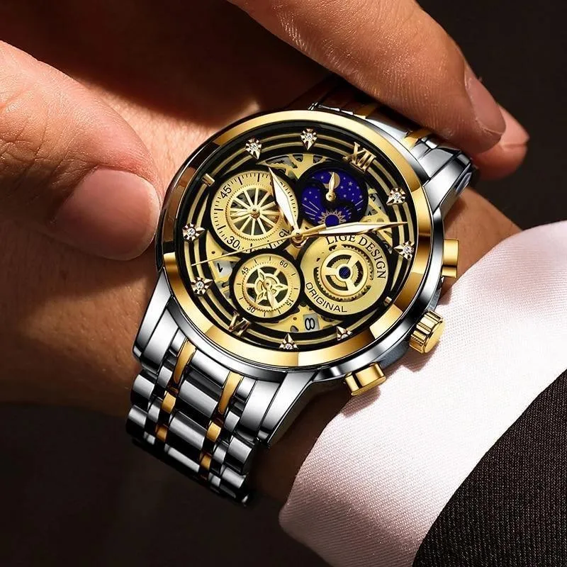 Great Gift Ideas -  Waterproof Stainless Steel Luxury Hollow Large Dial Auto Date Quartz Wristwatch