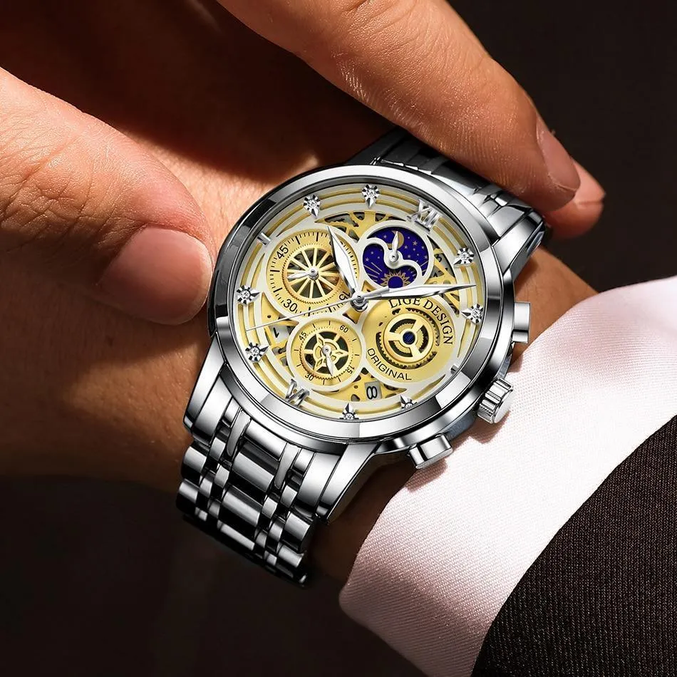 Great Gift Ideas -  Waterproof Stainless Steel Luxury Hollow Large Dial Auto Date Quartz Wristwatch