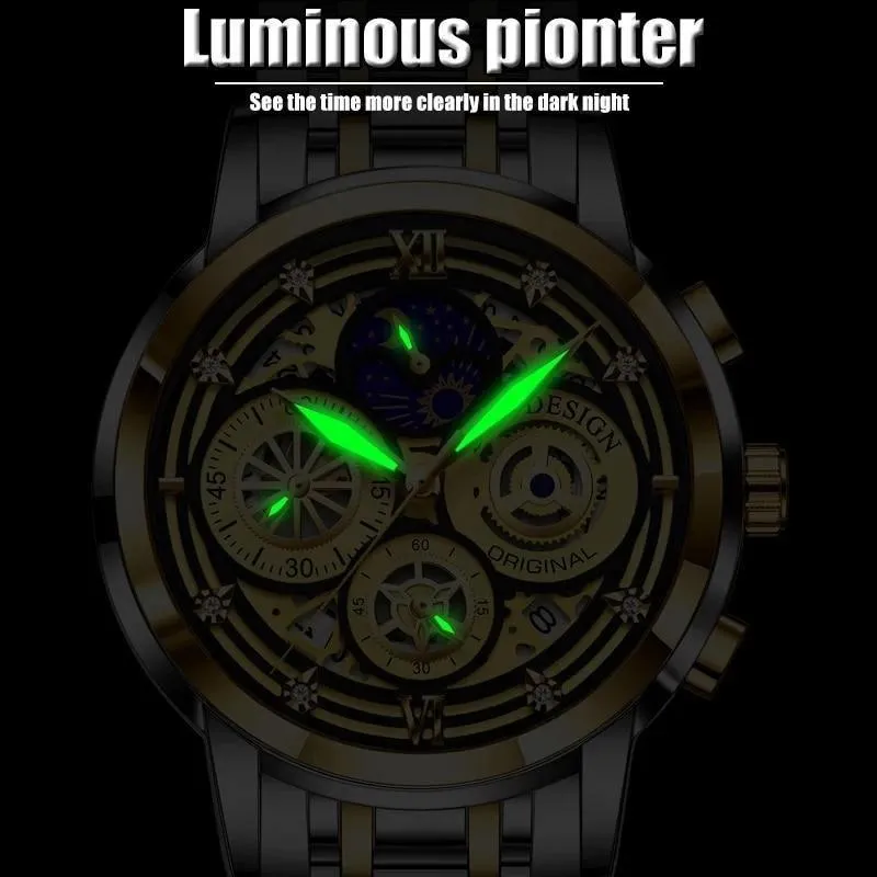 Great Gift Ideas -  Waterproof Stainless Steel Luxury Hollow Large Dial Auto Date Quartz Wristwatch