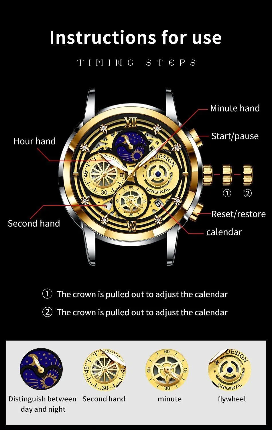Great Gift Ideas -  Waterproof Stainless Steel Luxury Hollow Large Dial Auto Date Quartz Wristwatch