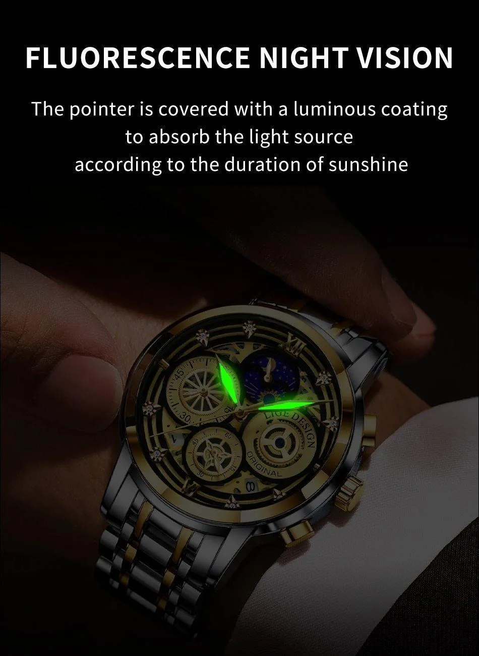 Great Gift Ideas -  Waterproof Stainless Steel Luxury Hollow Large Dial Auto Date Quartz Wristwatch