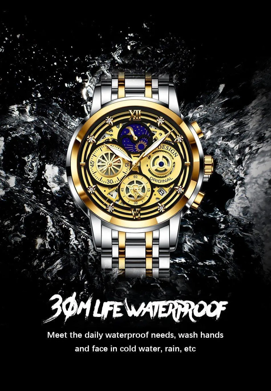 Great Gift Ideas -  Waterproof Stainless Steel Luxury Hollow Large Dial Auto Date Quartz Wristwatch
